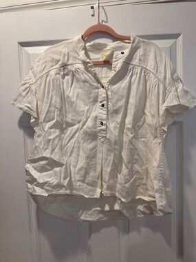 Maeve Cream Short Sleeve Button Henley Blouse